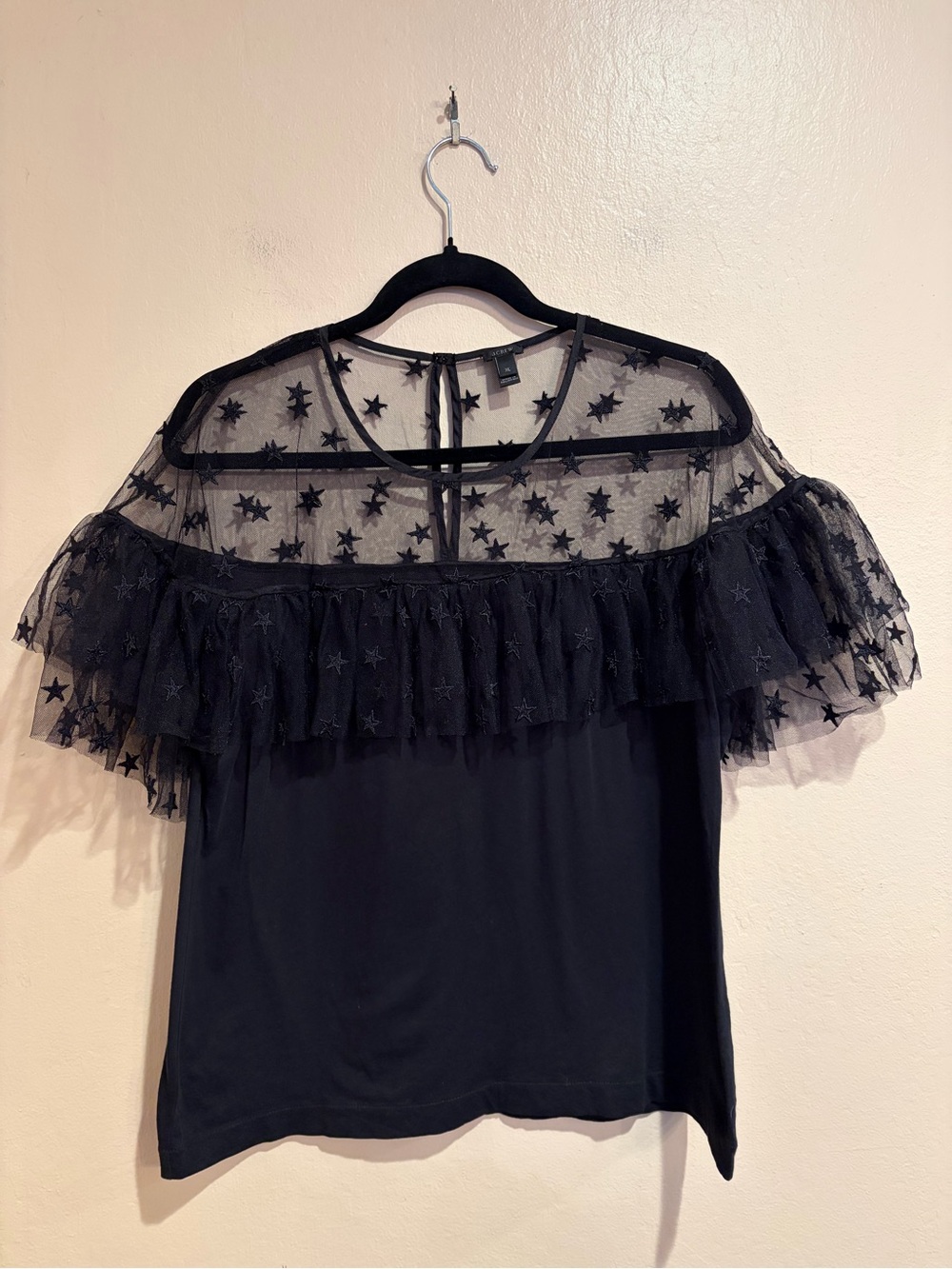 J. Crew Black Sheer Star-Yoke Ruffle Blouse, Concert Vibes, size XL